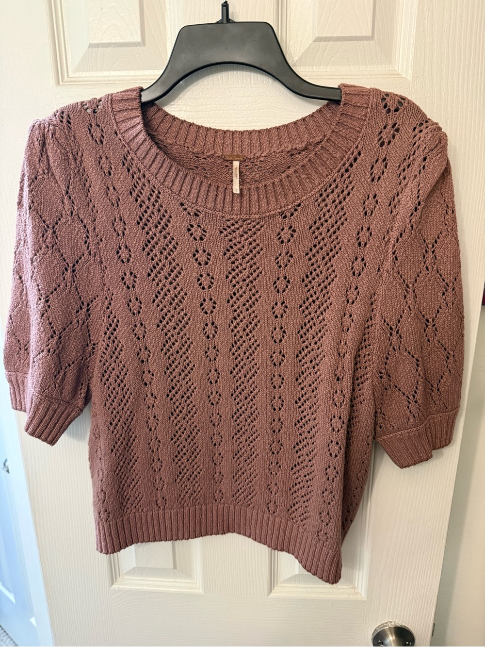 Free People Dusty Mauve Openwork Short Sleeve Crewneck Sweater